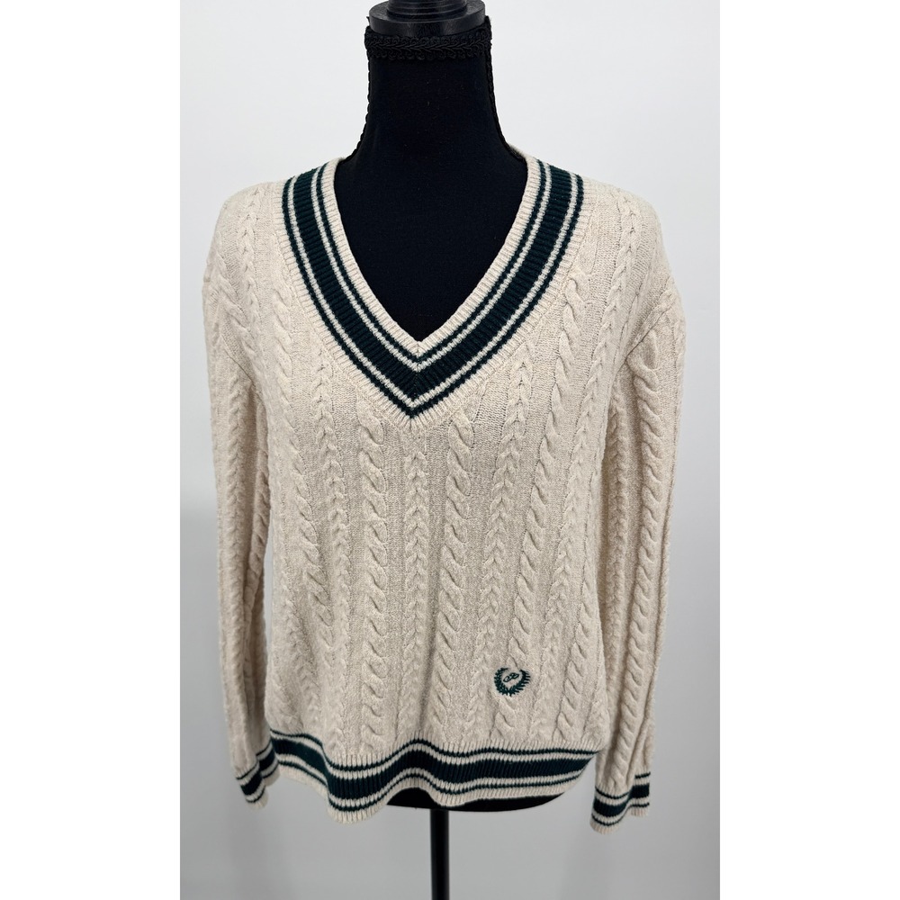 PINK Victoria's Secret Sweater Women XS Cream Excellent Varsity Cable Knit Vneck